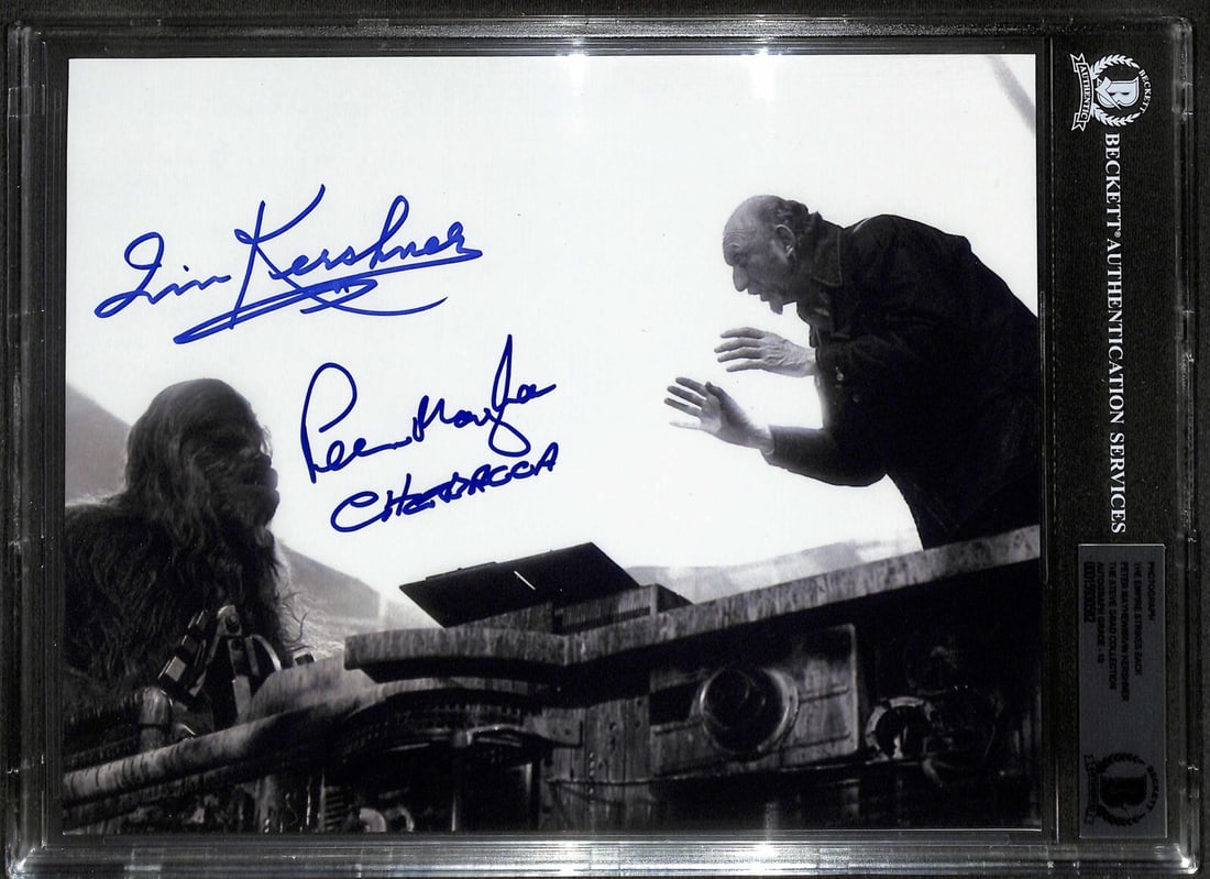 Star Wars Empire Strikes Back 8x10 Photo Signed by Mayhew Kershner Beckett 10: Star Wars Empire Strikes Back 8x10 Photo Signed by Mayhew Kershner Beckett 10 This is an original 8x10 photograph from "Star Wars: The Empire Strikes Back" signed in blue permanent marker by Peter May