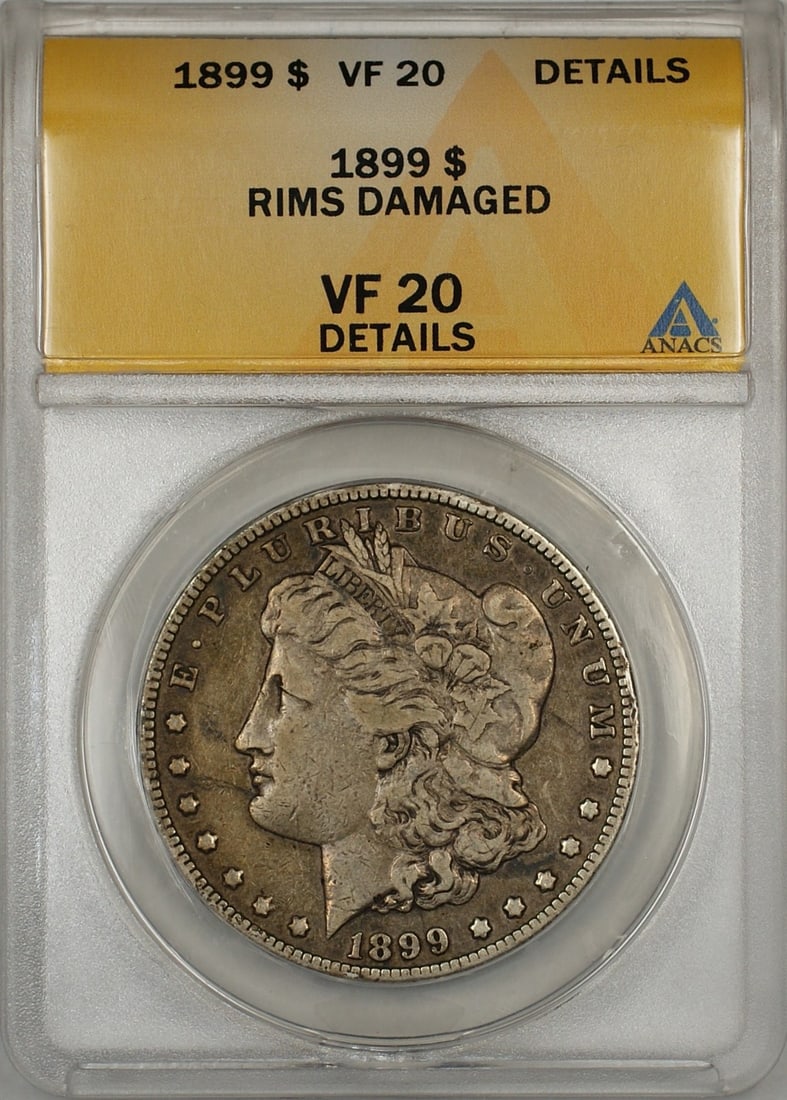Set of 5 ANACS VF-20 1899 Morgan Silver Dollars with Rim Damage: Set of 5 ANACS VF-20 1899 Morgan Silver Dollars with Rim Damage This is an 1899 Morgan Silver Dollar $1 coin, certified by ANACS with a grade of VF-20 Details. The coin was minted in Philadelphia and