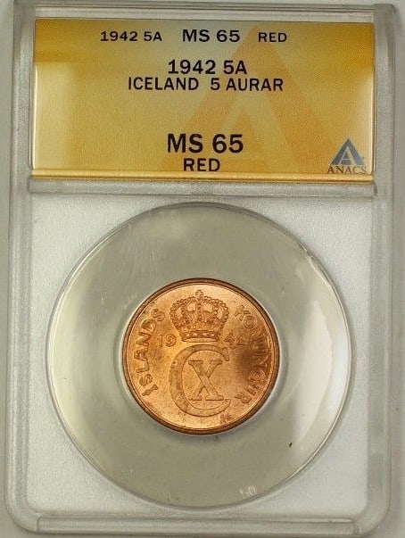Uncirculated 1942 Iceland Five Aurar Copper Coin ANACS MS-65 Red GEM: Uncirculated 1942 Iceland Five Aurar Copper Coin ANACS MS-65 Red GEM This is a 1942 Iceland 5A Five Aurar coin composed of copper. The coin is certified by ANACS with a grade of MS-65 Red GEM BU and i