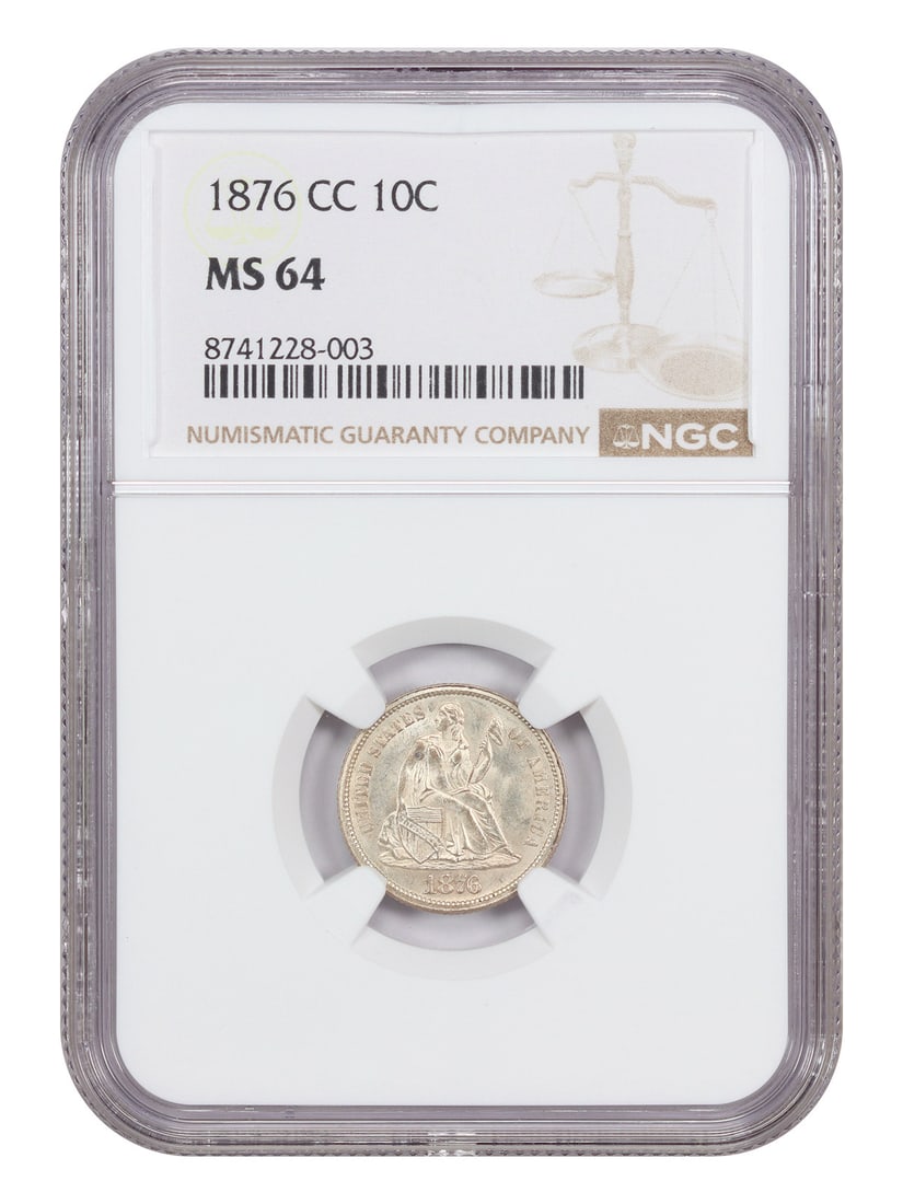 1876 Carson City Liberty Seated Dime 10C NGC MS64 Uncirculated: 1876 Carson City Liberty Seated Dime 10C NGC MS64 Uncirculated This 1876-CC Liberty Seated Dime is graded MS64 by NGC and features attractive champagne tones with choice luster. The coin displays plea
