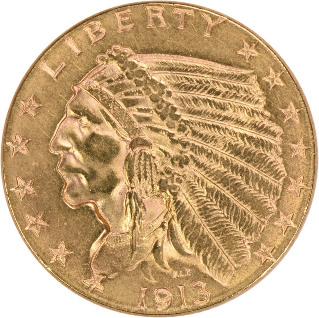 1913 Indian Head $2.50 Gold Coin AU Condition Uncertified: 1913 Indian Head $2.50 Gold Coin AU Condition Uncertified This is a 1913 $2.50 Gold Indian coin from the United States, minted in Philadelphia. Designed by Bela Lyon Pratt, this circulated coin is gra
