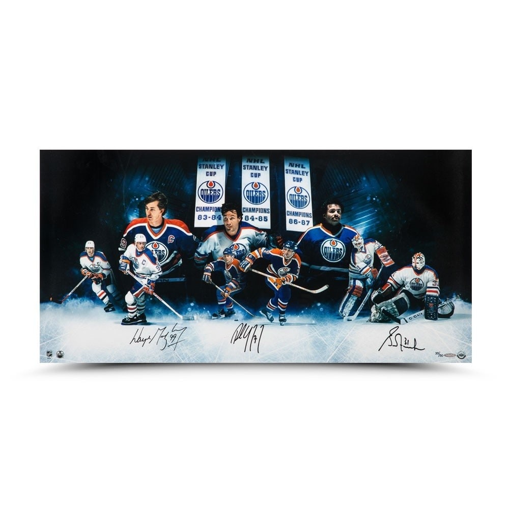 Wayne Gretzky Paul Coffey Grant Fuhr Autographed Photo #50 Oilers: Wayne Gretzky Paul Coffey Grant Fuhr Autographed Photo #50 Oilers Celebrate the legacy of hockey with this stunning autographed 18x36 photo featuring legendary players Wayne Gretzky, Paul Coffey, and