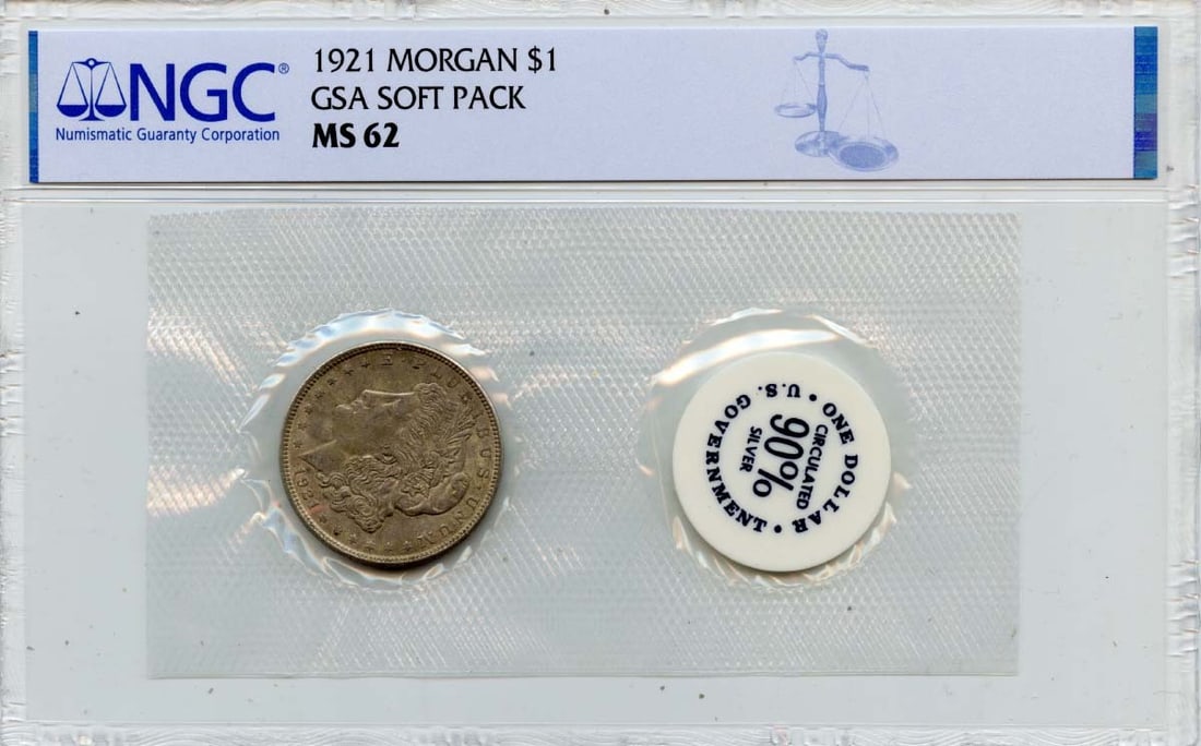 1921 NGC MS62 Morgan Dollar GSA Soft Pack Certified Coin: 1921 NGC MS62 Morgan Dollar GSA Soft Pack Certified Coin This 1921 Morgan Dollar is graded MS62 by NGC, ensuring its quality and authenticity. Struck in Philadelphia, this uncirculated coin is a beaut