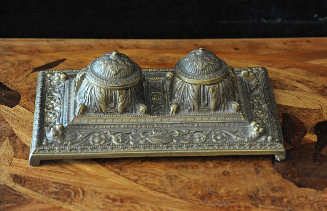 Antique Bronze Inkwell Desk Set Early 20th Century 9 x 6 (1 of 5)