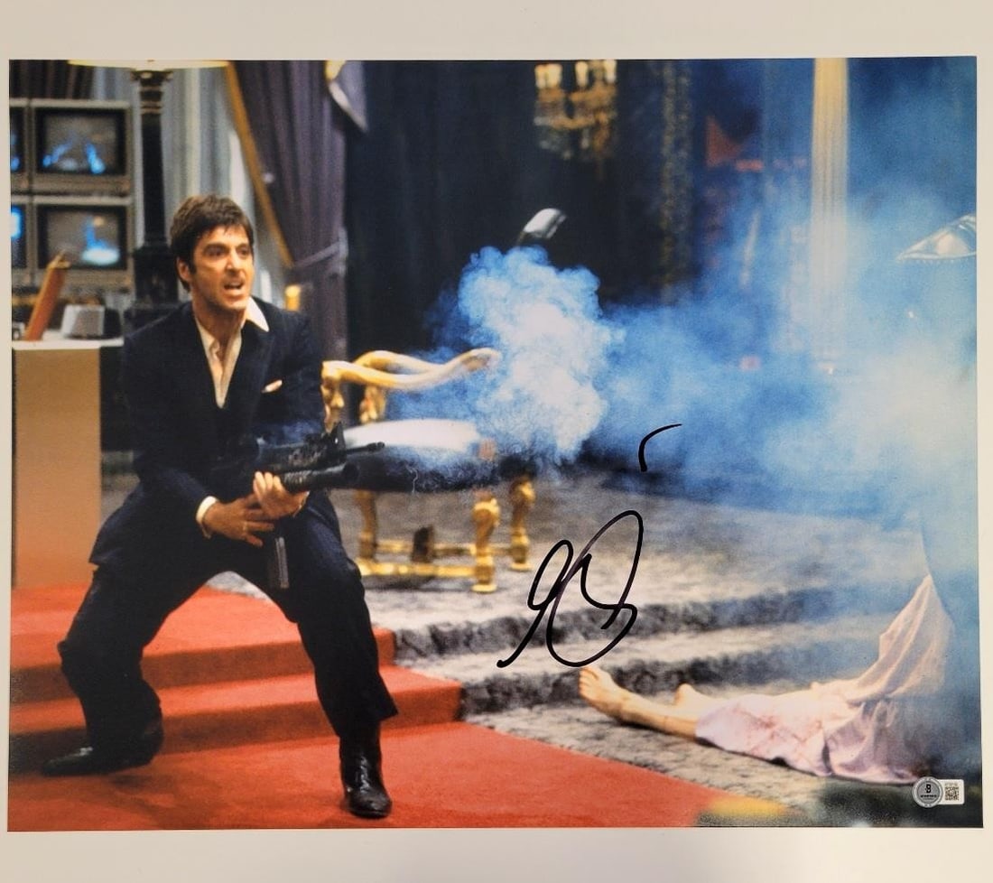 Al Pacino Scarface 16x20 Photo Autographed Beckett Certified: Al Pacino Scarface 16x20 Photo Autographed Beckett Certified This is an original 16x20 photograph featuring Al Pacino as Tony Montana from the iconic film Scarface. The photograph is signed by Al Paci