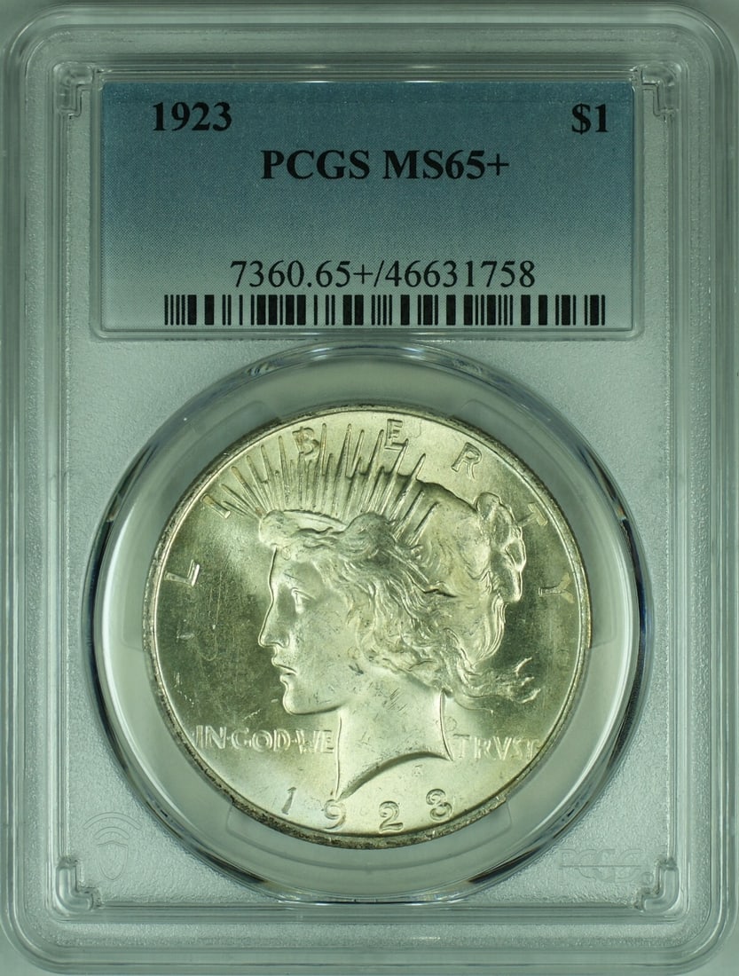 PCGS MS-65 Plus 1923 Peace Dollar Silver Coin from Philadelphia: PCGS MS-65 Plus 1923 Peace Dollar Silver Coin from Philadelphia This is a 1923 Peace Silver Dollar $1 coin, certified by PCGS with a grade of MS 65+. The coin is uncirculated and features a silver com