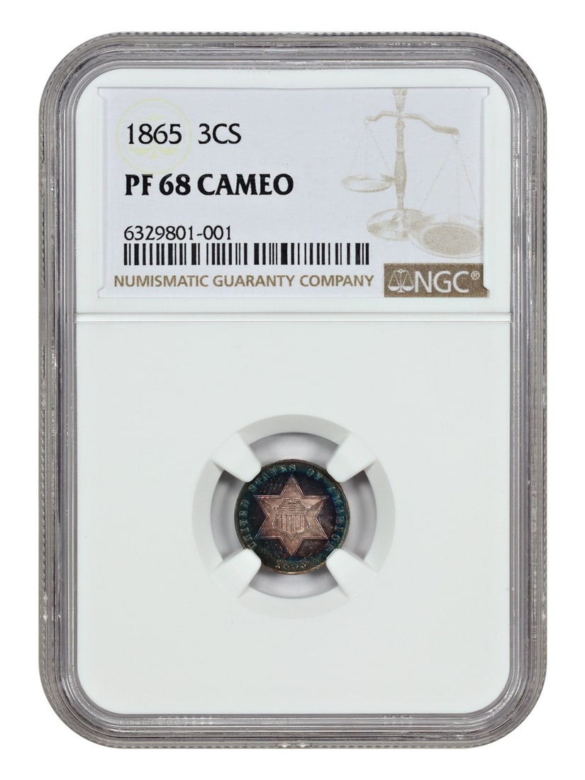 1865 Three Cent Silver NGC PR68CAM Stunning Proof Coin: 1865 Three Cent Silver NGC PR68CAM Stunning Proof Coin This exceptional 1865 Three Cent Silver coin is graded PR68CAM by NGC, indicating it is a premium gem proof in uncirculated condition. Struck at