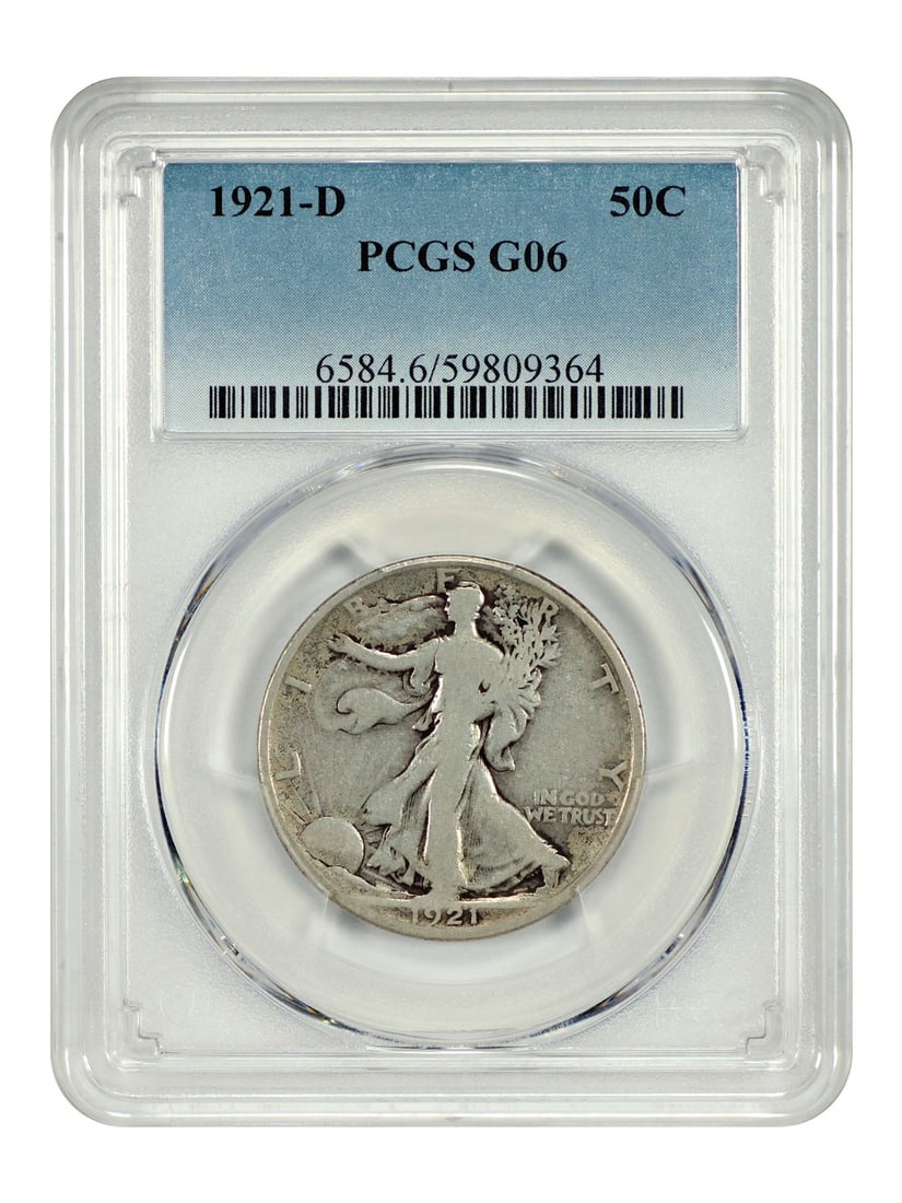 1921-D Walking Liberty Half Dollar PCGS Good 06 Key Date: 1921-D Walking Liberty Half Dollar PCGS Good 06 Key Date This 1921-D Walking Liberty Half Dollar is a key date coin with a low mintage of only 208,000 pieces struck at the Denver Mint. It has been cer