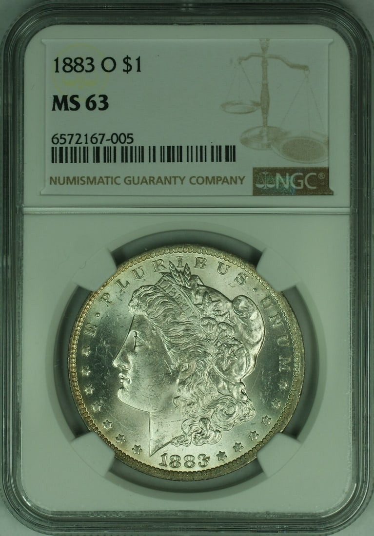 NGC MS-63 1883-O Morgan Dollar Silver $1 Uncirculated Coin: NGC MS-63 1883-O Morgan Dollar Silver $1 Uncirculated Coin This is an 1883-O Morgan Silver Dollar with a denomination of $1, certified by NGC and graded MS-63. Minted in New Orleans, this uncirculated