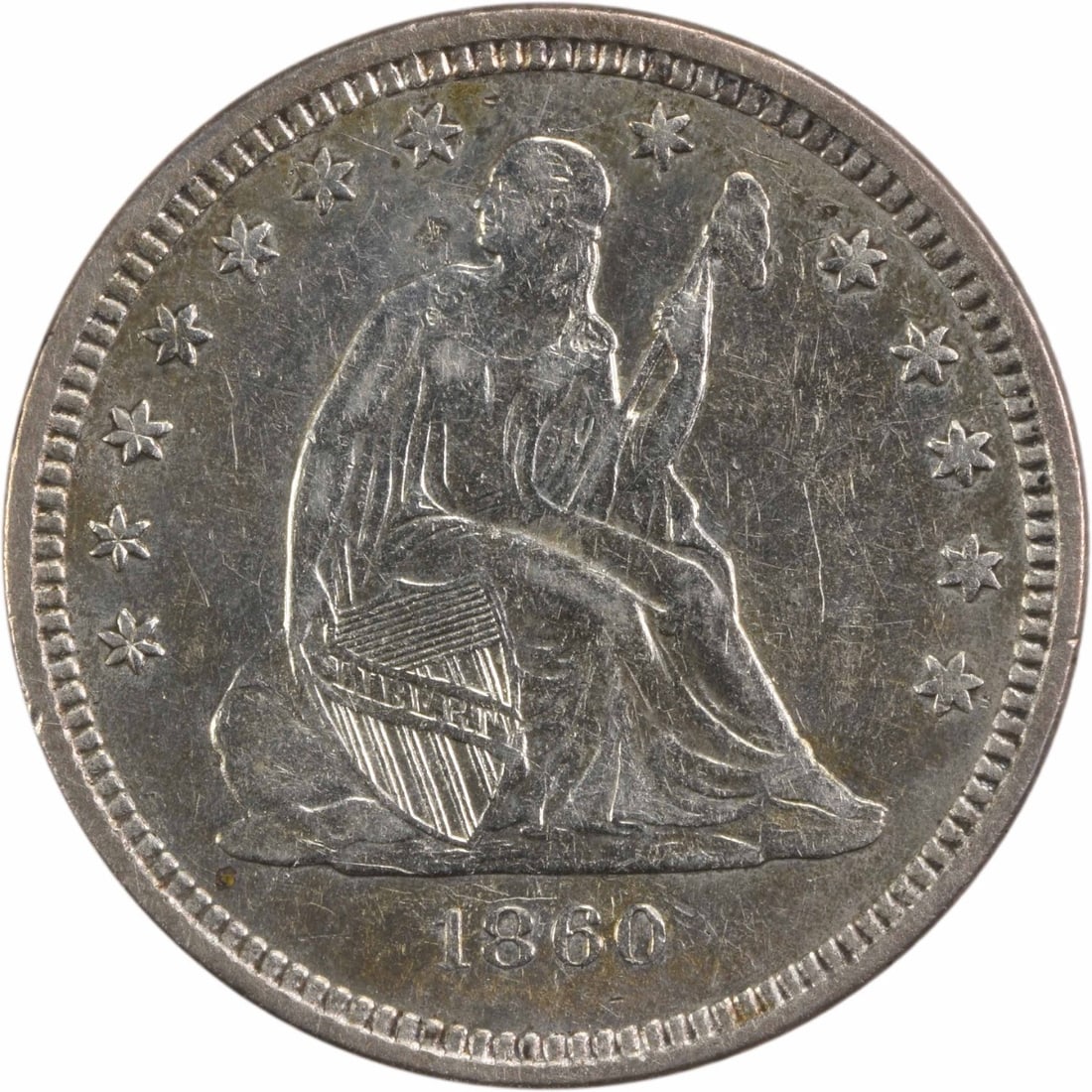 1860-O Liberty Seated Quarter 90% Silver AU Uncertified New Orleans: 1860-O Liberty Seated Quarter 90% Silver AU Uncertified New Orleans This 1860-O Liberty Seated Quarter is a stunning example of historical numismatics, showcasing the artistry of designers Robert Ball