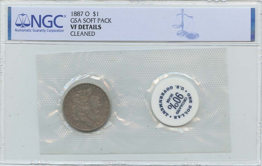 1887-O NGC VF Details Morgan Dollar GSA Soft Pack Uncirculated: 1887-O NGC VF Details Morgan Dollar GSA Soft Pack Uncirculated This 1887-O Morgan Dollar is certified by NGC with the certification number 5849277037. It features a grade of VF Details and is categori