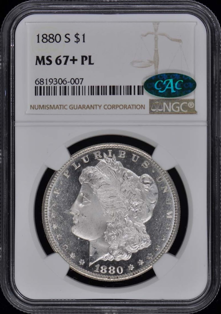 1880-S Morgan Dollar NGC MS67+ Proof-Like CAC Certified: 1880-S Morgan Dollar NGC MS67+ Proof-Like CAC Certified This 1880-S Morgan Dollar showcases a stunning uncirculated condition with a Proof-Like finish. Graded MS67+ by NGC, it bears the prestigious CA