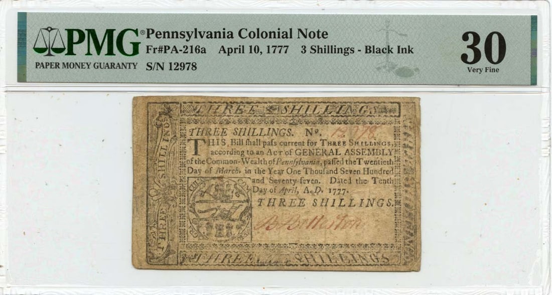 1777 Pennsylvania Colonial 3 Shillings Note PMG VF30 Certified (1 of 2)