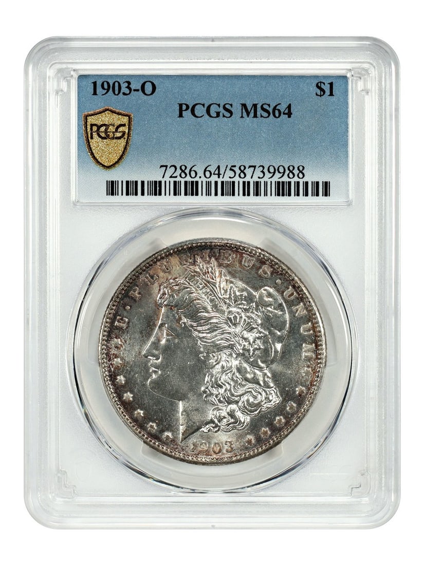 PCGS MS64 1903-O Morgan Silver Dollar Scarce New Orleans Mint Issue: PCGS MS64 1903-O Morgan Silver Dollar Scarce New Orleans Mint Issue This is a 1903-O Morgan Dollar graded MS64 by PCGS. A low mintage coin, it features remarkable luster and attractive rim toning. Str