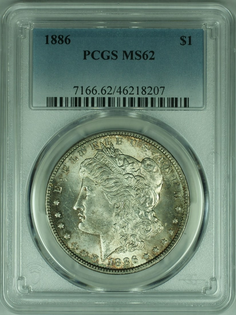 PCGS MS-62 1886 Morgan Dollar with Toning Silver $1 Coin: PCGS MS-62 1886 Morgan Dollar with Toning Silver $1 Coin This is an 1886 Morgan Silver Dollar coin from the United States, certified by PCGS with a grade of MS-62. The coin features natural toning and