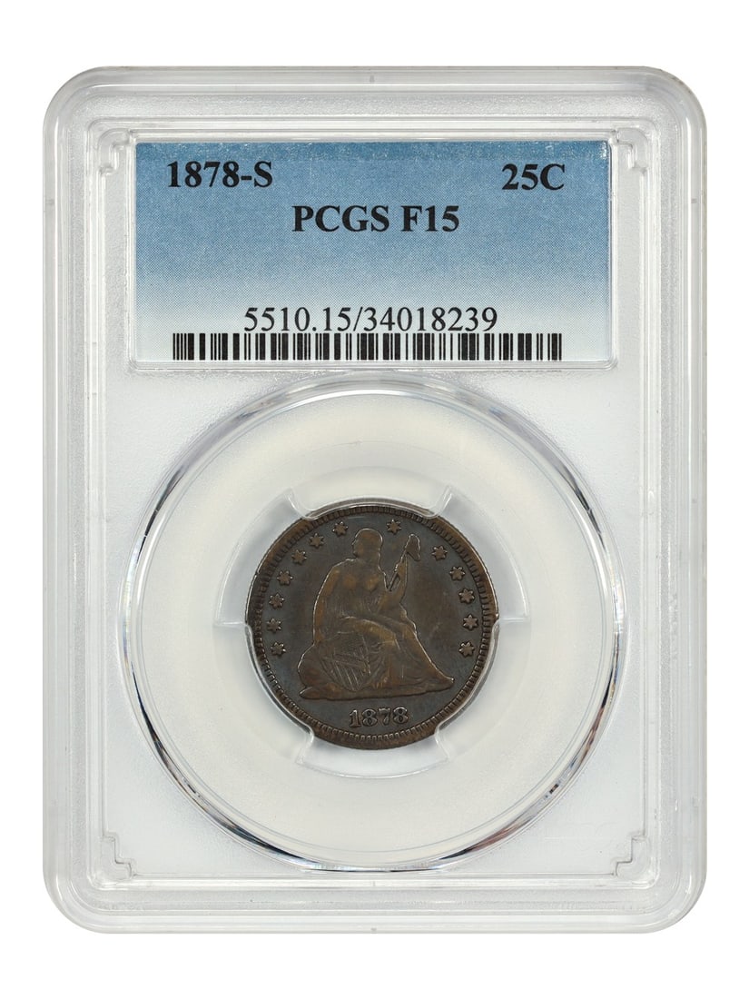 1878 San Francisco Liberty Seated 25C Quarter PCGS Certified Fine 15: 1878 San Francisco Liberty Seated 25C Quarter PCGS Certified Fine 15 This 1878-S Liberty Seated Quarter is graded Fine 15 by PCGS and is a circulated coin from the San Francisco Mint. It is a notable