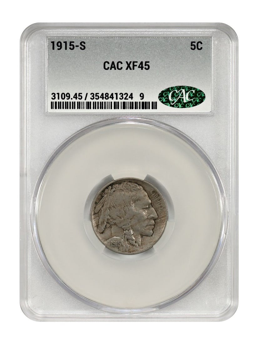 1915 San Francisco Buffalo Nickel 5C CACG XF45 Certified: 1915 San Francisco Buffalo Nickel 5C CACG XF45 Certified This is a 1915-S Buffalo Nickel, certified by CACG with a grade of XF45. The coin was minted in San Francisco and is circulated. It is a pre-ow