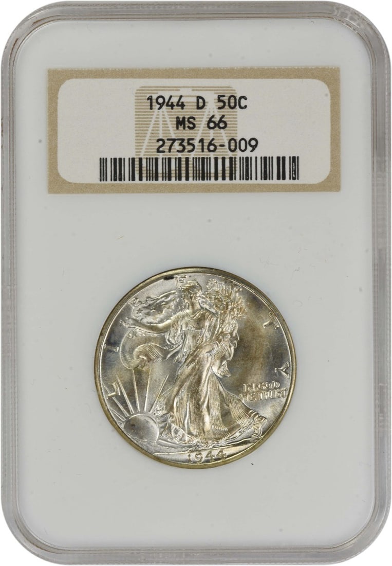 NGC MS66 1944 Denver Liberty Walking Half Dollar 90 Percent Silver Coin: NGC MS66 1944 Denver Liberty Walking Half Dollar 90 Percent Silver Coin This 1944-D Walking Liberty Half Dollar is graded MS66 by NGC. Struck at the Denver Mint, it features the classic design by Adol