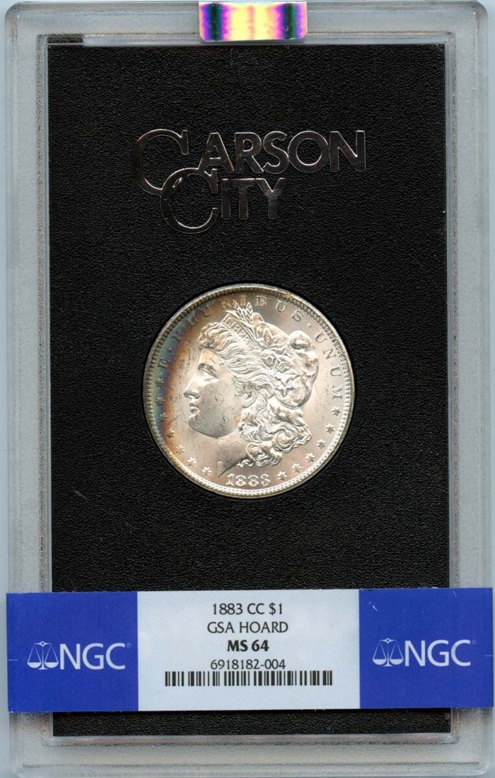 1883-CC Morgan Dollar NGC MS64 GSA Hoard Uncirculated Coin: 1883-CC Morgan Dollar NGC MS64 GSA Hoard Uncirculated Coin This exquisite 1883-CC Morgan Dollar is certified by NGC with a grade of MS64, indicating it is uncirculated and in remarkable condition. Min