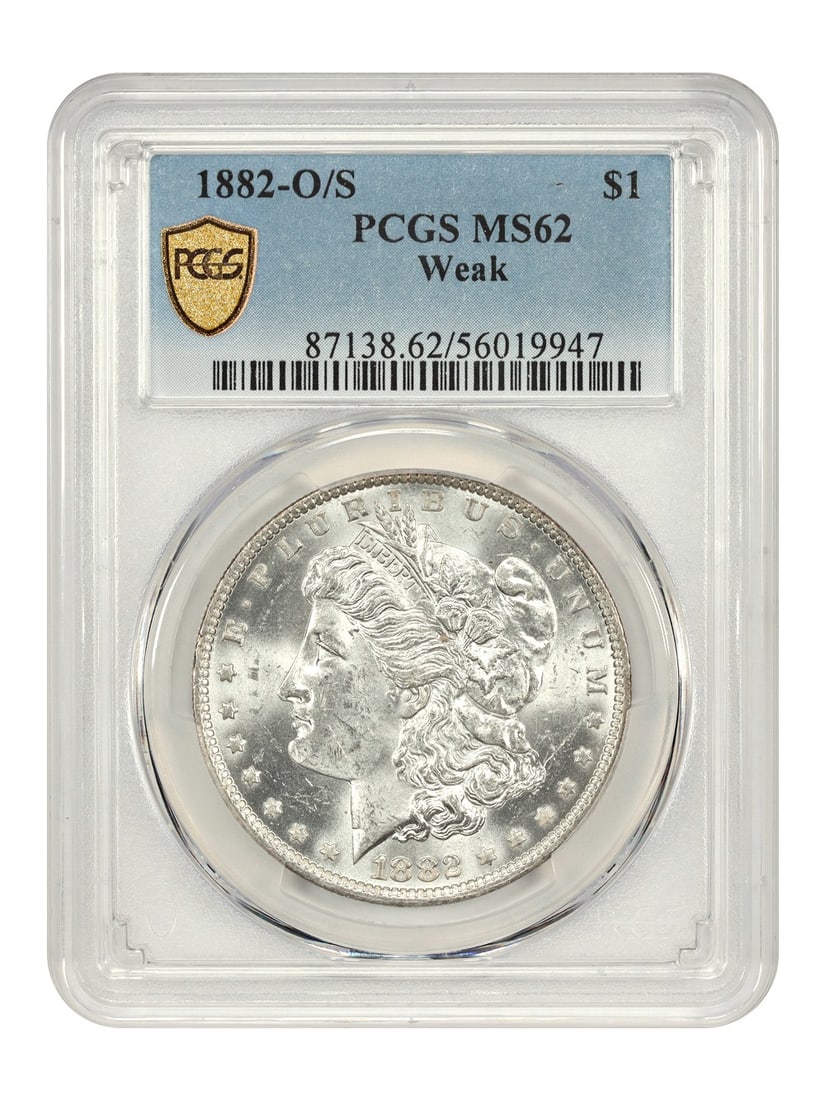 PCGS MS62 1882-O/S Morgan Dollar Hot 50 VAM Weak Variety: PCGS MS62 1882-O/S Morgan Dollar Hot 50 VAM Weak Variety This is an 1882-O/S Morgan Dollar graded MS62 by PCGS. The coin is uncirculated and features the Hot 50 VAM variety with a weak O/S mint mark.