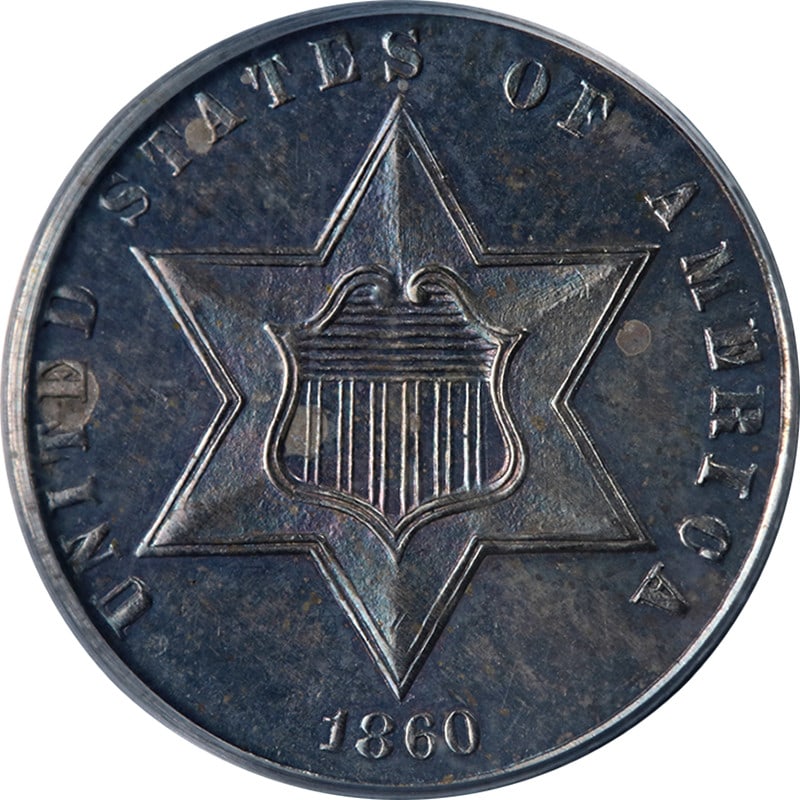 1860 Silver Three Cent Proof Coin PCGS PR63 with Strong Strike: 1860 Silver Three Cent Proof Coin PCGS PR63 with Strong Strike This 1860 Three Cent Silver Proof coin is certified by PCGS with a grade of PR63. It features strong strike quality, attractive luster, a