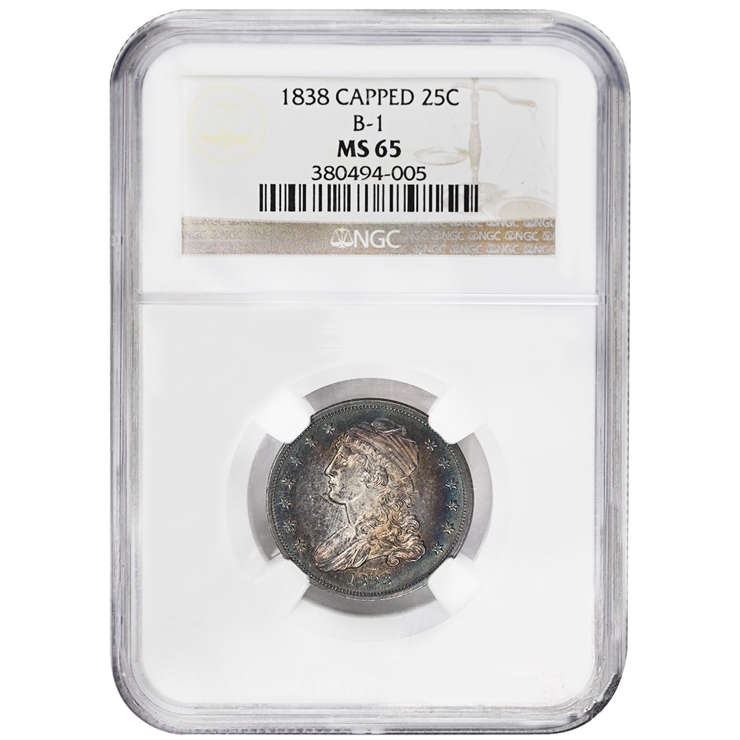 NGC MS65 1838 Silver Capped Bust Quarter Type 2 Browning-1 Variety: NGC MS65 1838 Silver Capped Bust Quarter Type 2 Browning-1 Variety This 1838 Capped Bust Quarter is a rare Type 2 Small Size variety, graded MS65 by NGC and certified with number 380494005. It feature