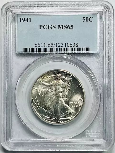1941 P Walking Liberty Half Dollar PCGS MS 65 Silver Uncirculated: 1941 P Walking Liberty Half Dollar PCGS MS 65 Silver Uncirculated This 1941 P Walking Liberty Half Dollar is a stunning example of American coinage, certified by PCGS with a grade of MS 65, indicating