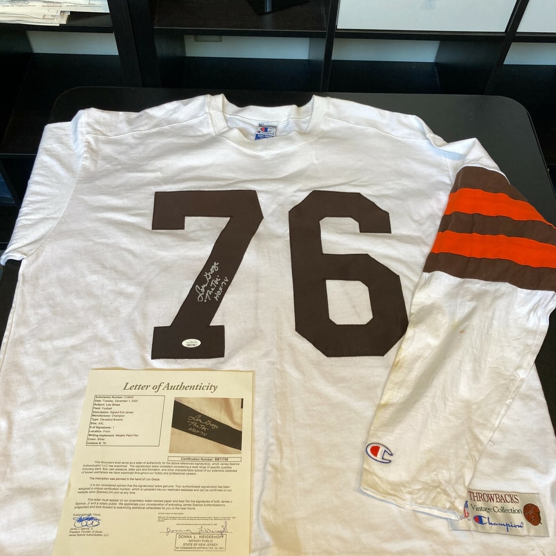 Lou Groza Signed Hall of Fame 1974 Cleveland Browns Jersey JSA COA: Lou Groza Signed Hall of Fame 1974 Cleveland Browns Jersey JSA COA Own a piece of NFL history with this authentic Cleveland Browns throwback jersey, signed by legendary player Lou Groza, known as "The