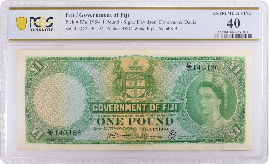 PCGS Certified 1954 Fiji One Pound Pick 53a XF Grade Banknote: PCGS Certified 1954 Fiji One Pound Pick 53a XF Grade Banknote This is a 1954 Fiji 1 Pound banknote, certified by PCGS with a grade of XF (Extremely Fine). The note is circulated and is in pre-owned co