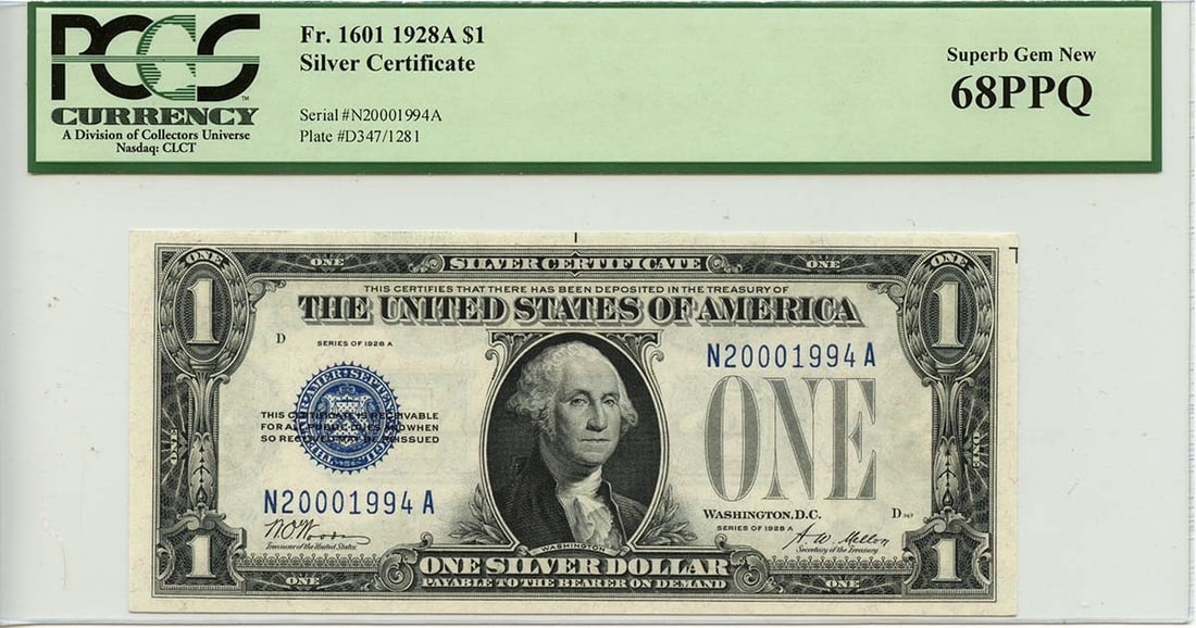 1928A $1 Silver Certificate Blue Woods Mellon PCGS Superb Gem 68 PPQ: 1928A $1 Silver Certificate Blue Woods Mellon PCGS Superb Gem 68 PPQ This 1928A $1 Silver Certificate is a noteworthy piece, featuring Blue Woods and Mellon, designated as Fr# 1601. It is certified by