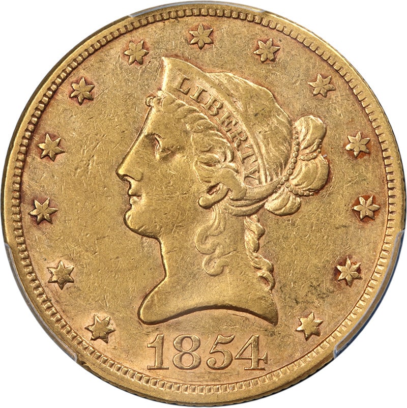 PCGS XF45 1854-P $10 Liberty Gold Coin with Strong Eye Appeal: PCGS XF45 1854-P $10 Liberty Gold Coin with Strong Eye Appeal This 1854-P Liberty Gold $10 coin is certified by PCGS with a grade of XF45. It features attractive luster, a well-defined strike, and app