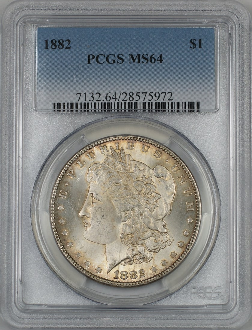 PCGS MS-64 1882 Morgan Silver Dollar with Attractive Toning: PCGS MS-64 1882 Morgan Silver Dollar with Attractive Toning This 1882 Morgan Silver Dollar $1 coin has been certified by PCGS with a grade of MS-64 and features attractive toning, especially on the re