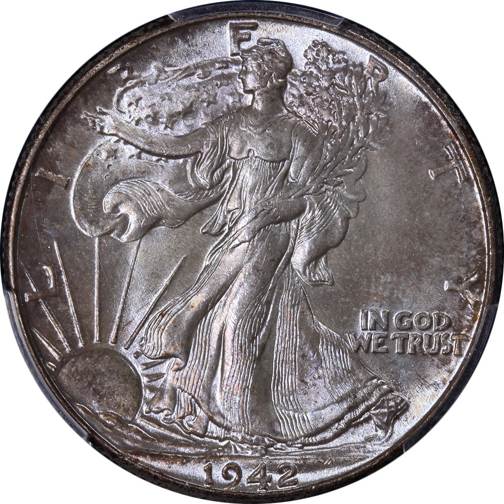 1942-P Walking Liberty Half PCGS MS65 Silver Strong Strike: 1942-P Walking Liberty Half PCGS MS65 Silver Strong Strike This stunning 1942-P Walking Liberty Half showcases exceptional eye appeal, exhibiting fantastic luster and a strong strike. The coin feature