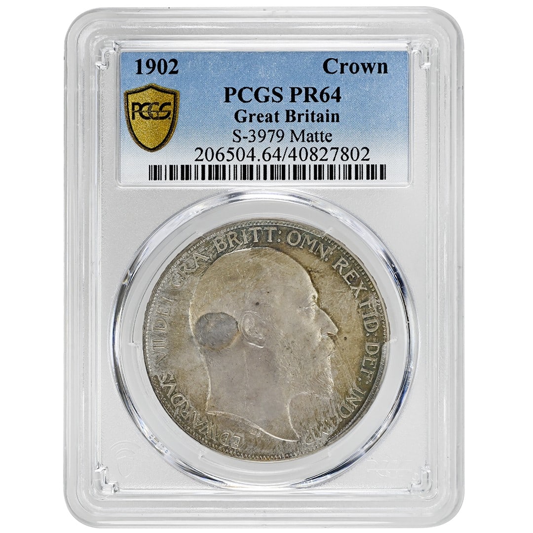 Edward VII 1902 Great Britain Silver Crown PCGS PR64 Matte Proof: Edward VII 1902 Great Britain Silver Crown PCGS PR64 Matte Proof This is a 1902 Edward VII Crown Matte coin from the United Kingdom, certified by PCGS with a PR64 grade. The coin is composed of silver