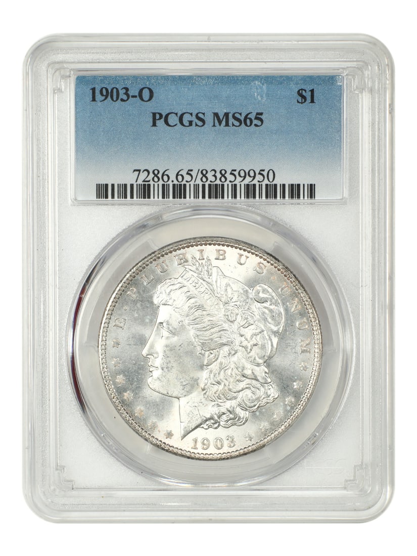 PCGS MS65 1903-O Morgan Silver Dollar Low Production New Orleans Issue: PCGS MS65 1903-O Morgan Silver Dollar Low Production New Orleans Issue This 1903-O Morgan Dollar is a low mintage coin graded MS65 by PCGS. Struck at the New Orleans Mint, it features uncirculated con