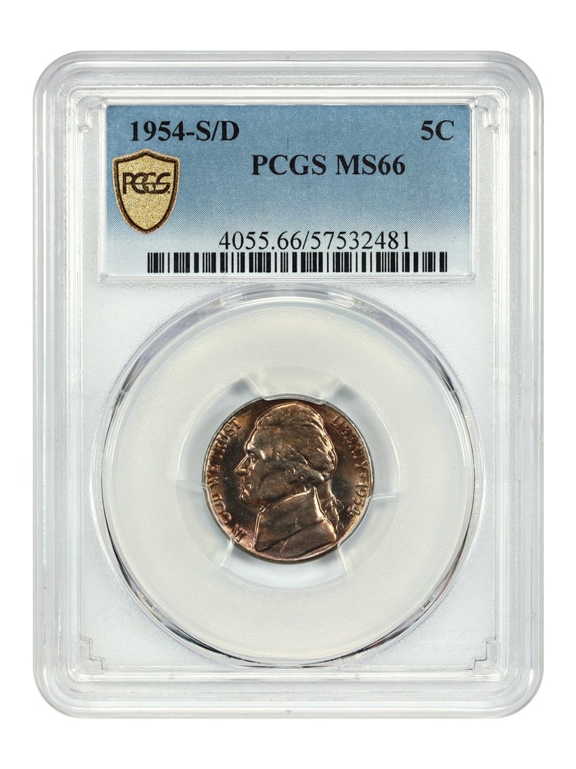PCGS MS66 1954-S over D Five Cent Jefferson Nickel: PCGS MS66 1954-S over D Five Cent Jefferson Nickel This 1954-S/D Jefferson Nickel is graded MS66 by PCGS and features rose-orange toning with sharp gem luster. The coin is an uncirculated example from