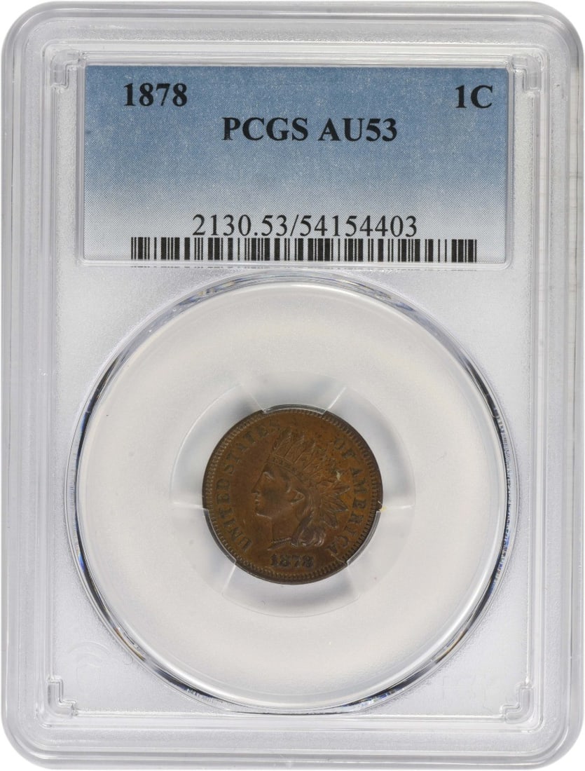 1878 Indian Head Cent AU53 PCGS Copper Coin: 1878 Indian Head Cent AU53 PCGS Copper Coin This 1878 Indian Cent features the iconic Indian Head design and is certified by PCGS with an AU53 grade, indicating it is in nearly uncirculated condition.