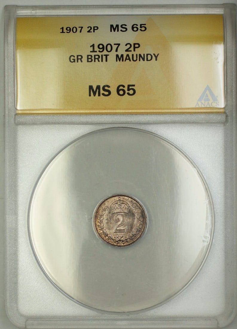 1907 United Kingdom Silver Maundy Two Pence ANACS MS 65 Coin: 1907 United Kingdom Silver Maundy Two Pence ANACS MS 65 Coin This is a 1907 Great Britain King Edward VII Maundy 2 Pence silver coin, certified by ANACS and graded MS-65. The coin is uncirculated and