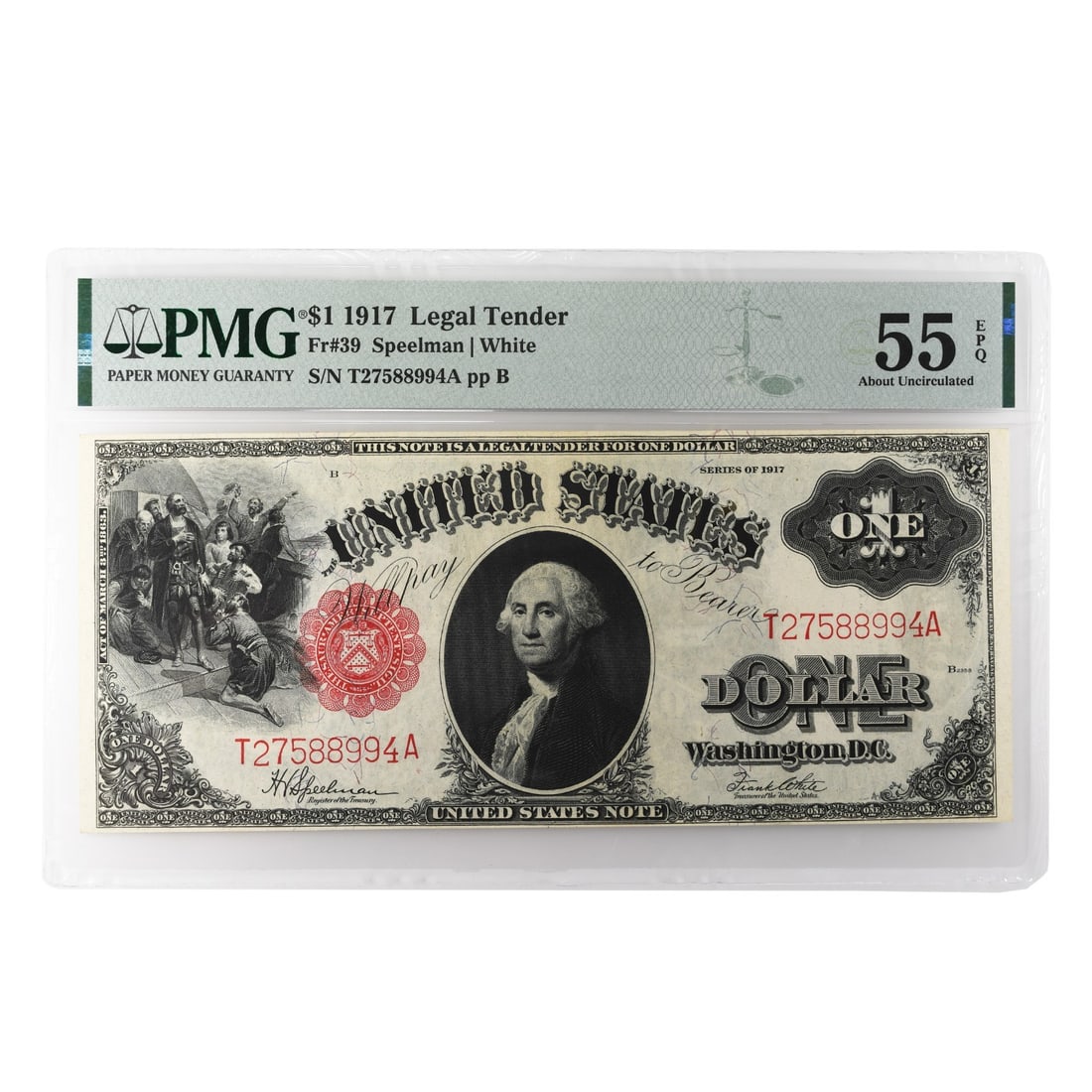 1917 $1 Legal Tender Note PMG AU55 EPQ Fr #39: 1917 $1 Legal Tender Note PMG AU55 EPQ Fr #39 This 1917 $1 Legal Tender Note is a notable collectible, graded AU 55 EPQ by PMG, indicating it is in About Uncirculated condition with exceptional paper