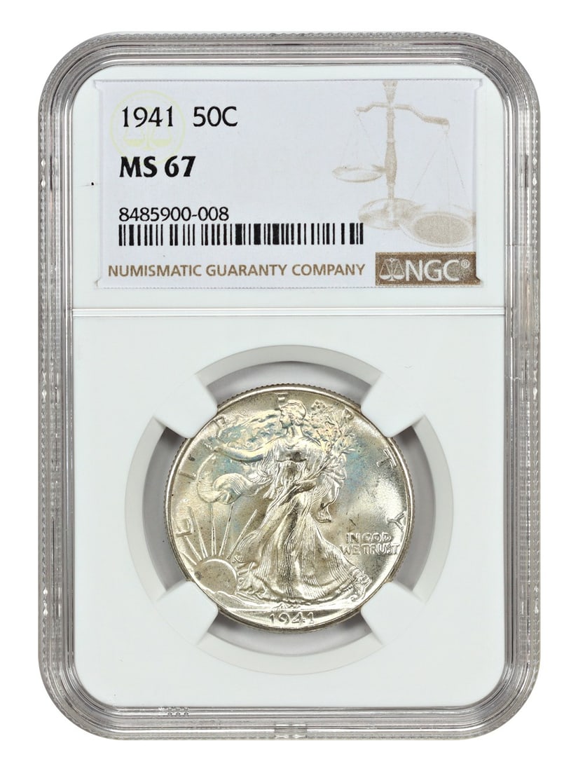 1941 Philadelphia Walking Liberty Half Dollar NGC MS67: 1941 Philadelphia Walking Liberty Half Dollar NGC MS67 This is a 1941 Walking Liberty Half Dollar graded MS67 by NGC. Struck in Philadelphia, this uncirculated coin is part of the Walking Liberty Half