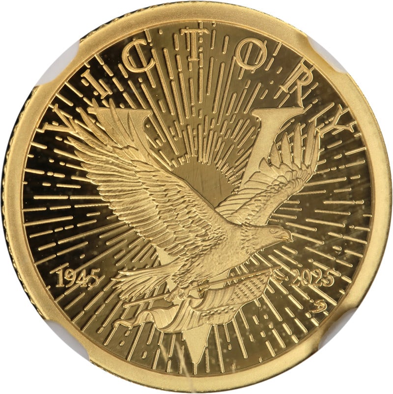 2025 $5 Gold 1/10 oz End of World War II 80th Anniversary NGC PF70 Ultra Cameo: 2025 $5 Gold 1/10 oz End of World War II 80th Anniversary NGC PF70 Ultra Cameo This 2025 Ascension 1/10 Ounce Gold $5 coin commemorates the 80th anniversary of the end of World War II. Certified by NG