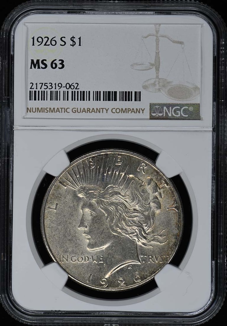 1926-S Peace Dollar NGC MS63 Uncirculated San Francisco: 1926-S Peace Dollar NGC MS63 Uncirculated San Francisco This 1926-S Peace Dollar is a certified coin graded MS63 by NGC, ensuring its high quality and uncirculated condition. Minted in San Francisco,