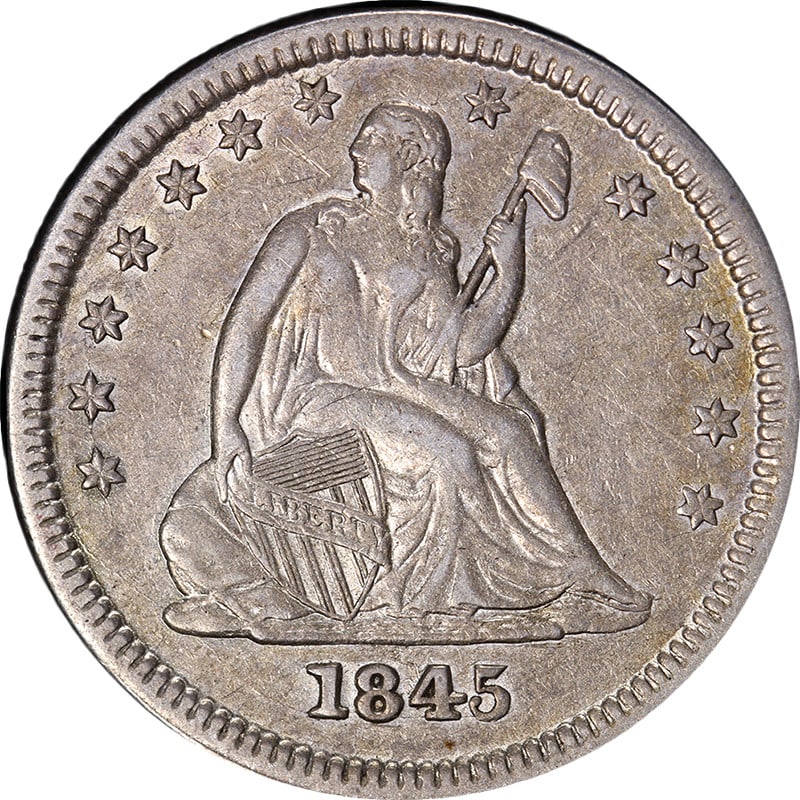 1845 Seated Liberty Quarter XF/AU Silver Coin with Eye Appeal: 1845 Seated Liberty Quarter XF/AU Silver Coin with Eye Appeal This 1845 Seated Liberty Quarter showcases a beautiful eye appeal and a strong strike, reflecting its historical significance. With a comp