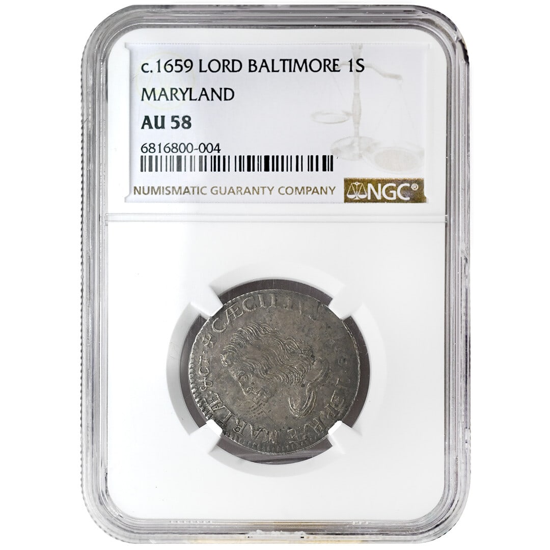 1659 Maryland Shilling Lord Baltimore NGC AU58 Rare Silver Coin: 1659 Maryland Shilling Lord Baltimore NGC AU58 Rare Silver Coin This 1659 Maryland Shilling, issued under Lord Baltimore, represents a significant piece of colonial currency, being the first silver co