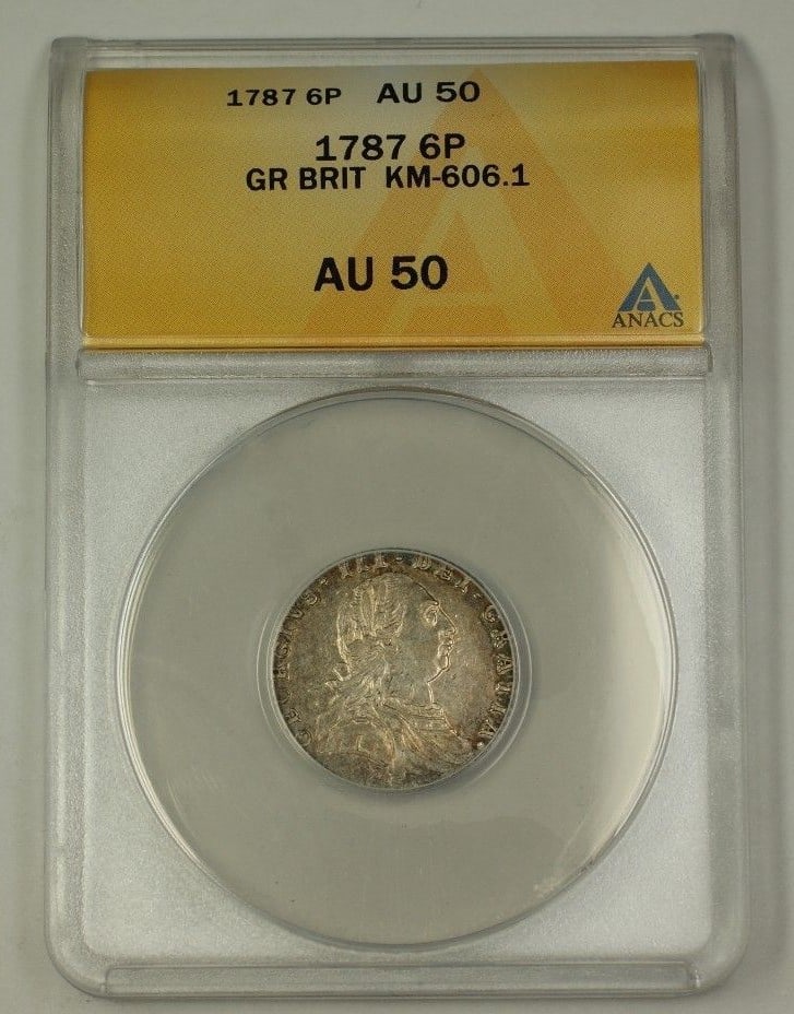 1787 United Kingdom Six Pence Silver Coin ANACS AU 50 KM-606.1: 1787 United Kingdom Six Pence Silver Coin ANACS AU 50 KM-606.1 This 1787 Great Britain Six Pence coin is composed of silver and has been certified by ANACS with a grade of AU 50. It is a circulated co