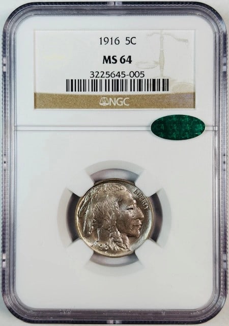 1916 Five Cent Buffalo Nickel NGC MS64 with CAC Endorsement (1 of 2)
