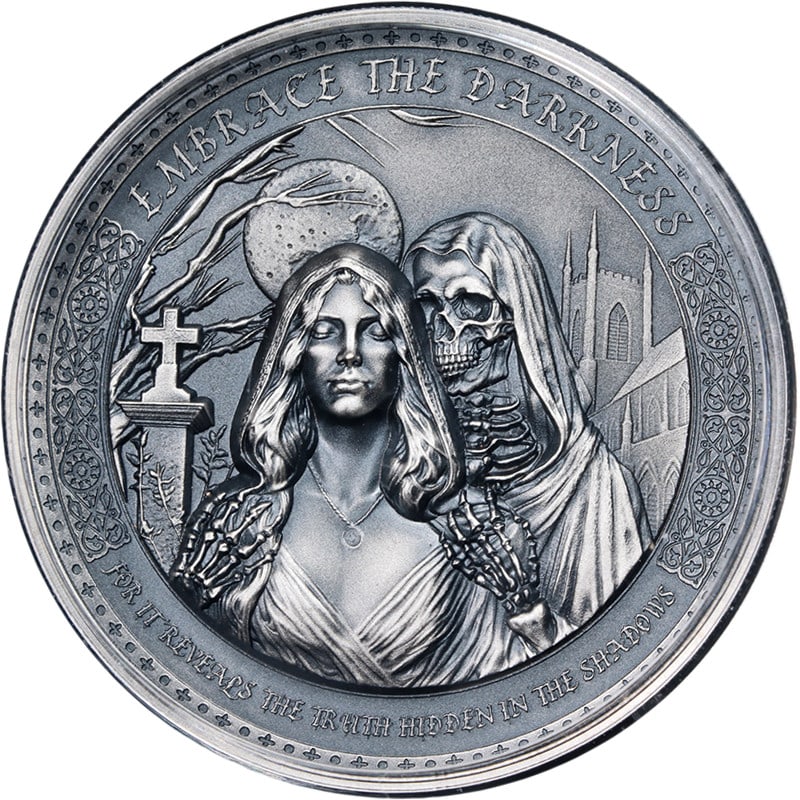 2025 Cameroon 1 Ounce Silver 2000 Francs Embrace the Darkness Coin OGP COA: 2025 Cameroon 1 Ounce Silver 2000 Francs Embrace the Darkness Coin OGP COA This stunning 2025 Cameroon 1 Ounce Silver 2000 Francs coin features the theme "Embrace the Darkness" and is a collector's de