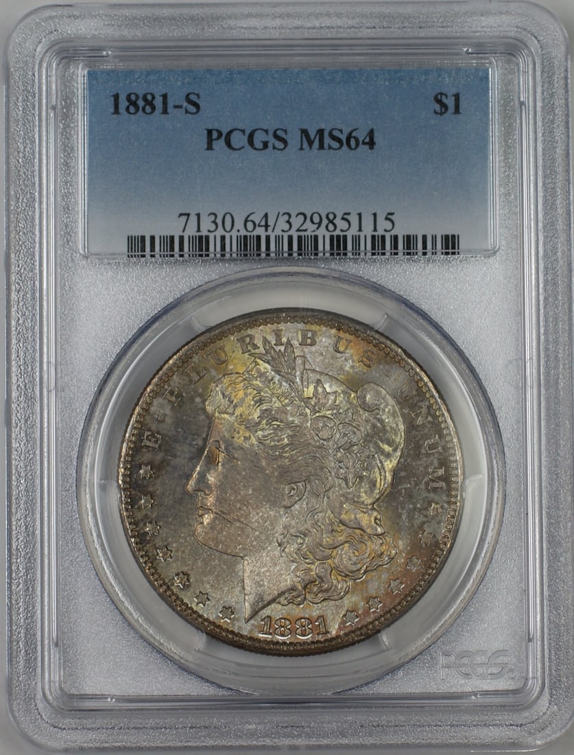 PCGS MS64 1881 San Francisco Morgan Silver Dollar with Attractive Toning: PCGS MS64 1881 San Francisco Morgan Silver Dollar with Attractive Toning This 1881-S Morgan Silver Dollar is a US coin graded MS-64 by PCGS. Struck at the San Francisco Mint, it features a silver comp