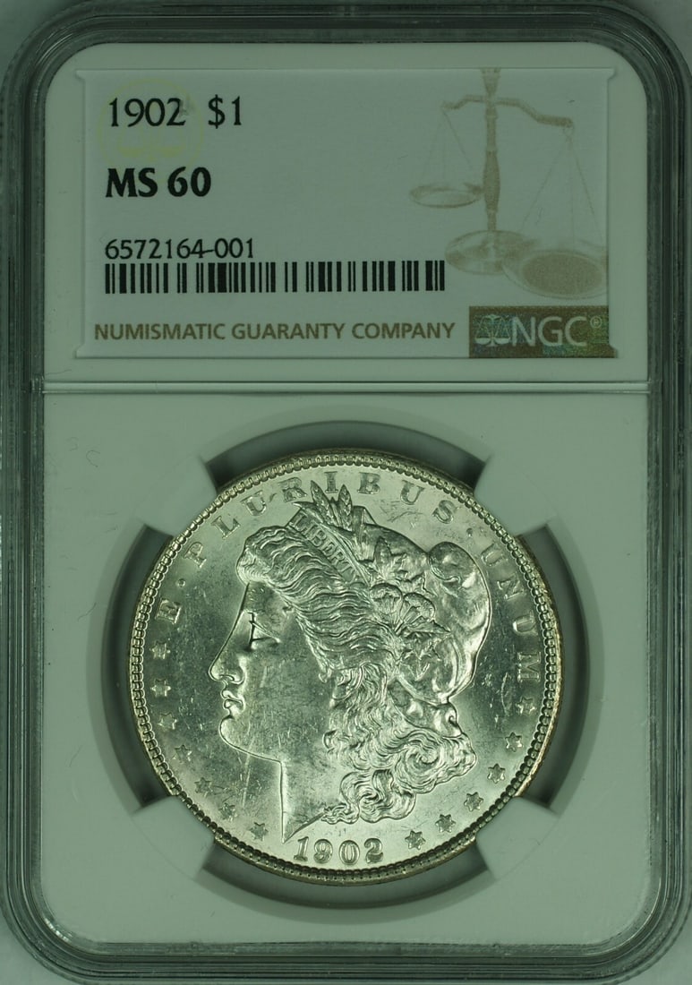 NGC MS-60 1902 Morgan Dollar Silver $1 Philadelphia Mint Uncirculated Coin: NGC MS-60 1902 Morgan Dollar Silver $1 Philadelphia Mint Uncirculated Coin This 1902 Morgan Silver Dollar is certified by NGC with a grade of MS-60, indicating it is in uncirculated condition. Minted