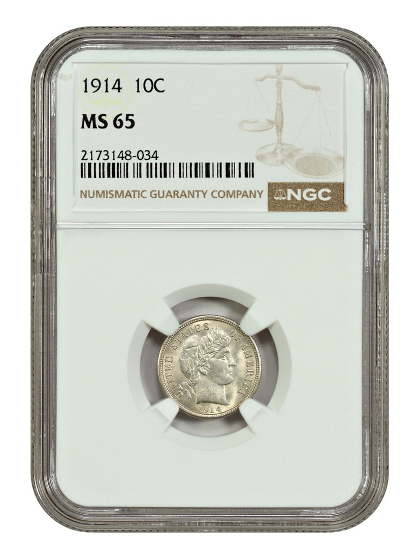 1914 Barber Dime 10C NGC MS65 Certified Uncirculated: 1914 Barber Dime 10C NGC MS65 Certified Uncirculated This 1914 Barber Dime is certified by NGC with a grade of MS65, indicating its uncirculated condition and exceptional quality. Minted in Philadelph